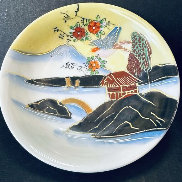 Japanese Moriage Dish/Bowl Set of 2, House, Mountain, Boat, Bird, Flowers VTG - Picture 3 of 9